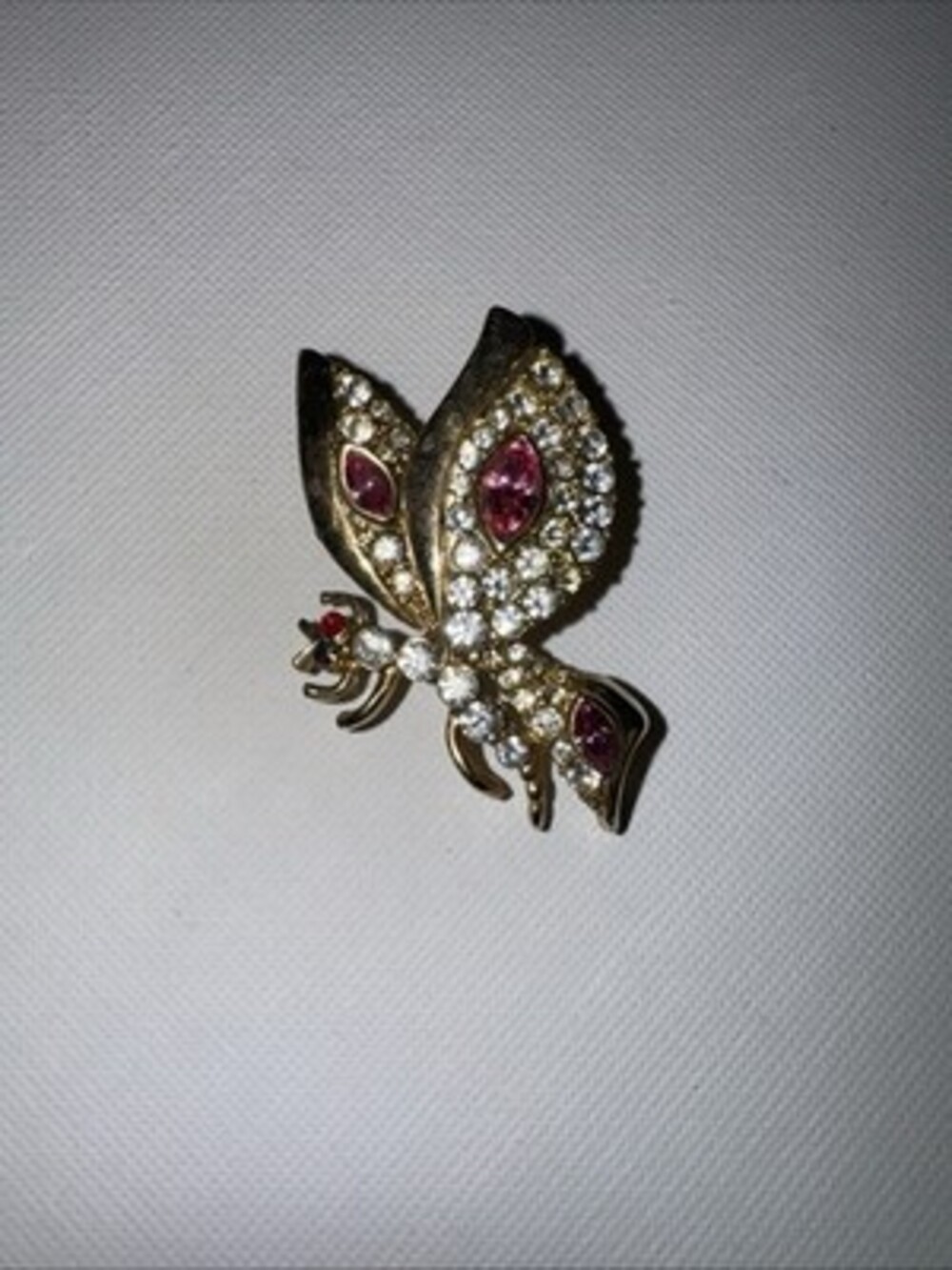 Vintage Gold Tone Butterfly Brooch Pink Rhinestone Marquise Wing Pin